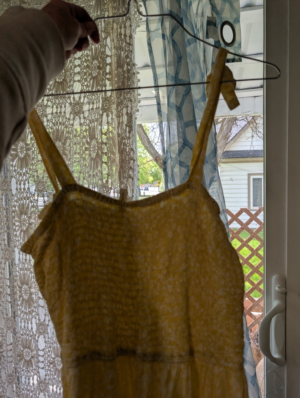 Yellow Smocked Maxi Sundress M Lined Bow Ruffle Floral Cottagecore Fairy Dainty - Picture 10 of 11